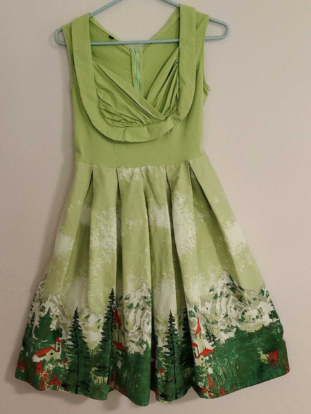 Green Scenic Print Midi Dress - Sleeveless Fit-and-Flare